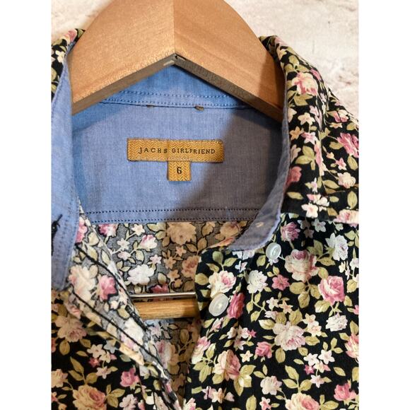 JACHS Girlfriend Shirt Womens 6 Black Micro Floral Button Up Cotton Long Sleeve - Picture 3 of 12